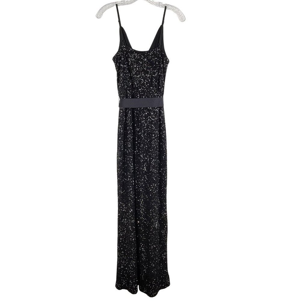 Express Womens Sequin V Neck Tie Waist Wide Leg Jumpsuit Size XS Black - Picture 4 of 16